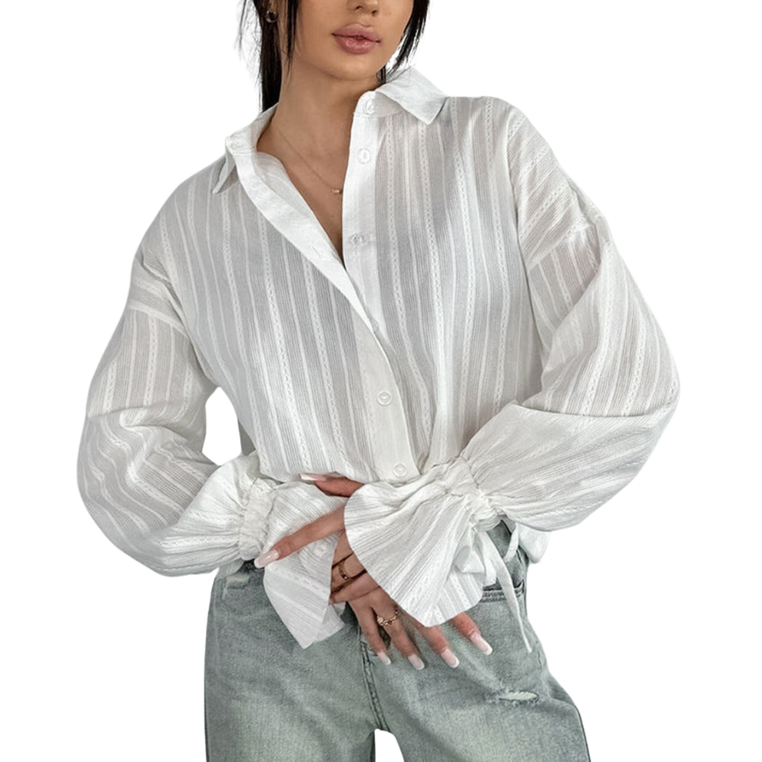 Emma | Striped Blouse with Button Front and Tie Cuffs