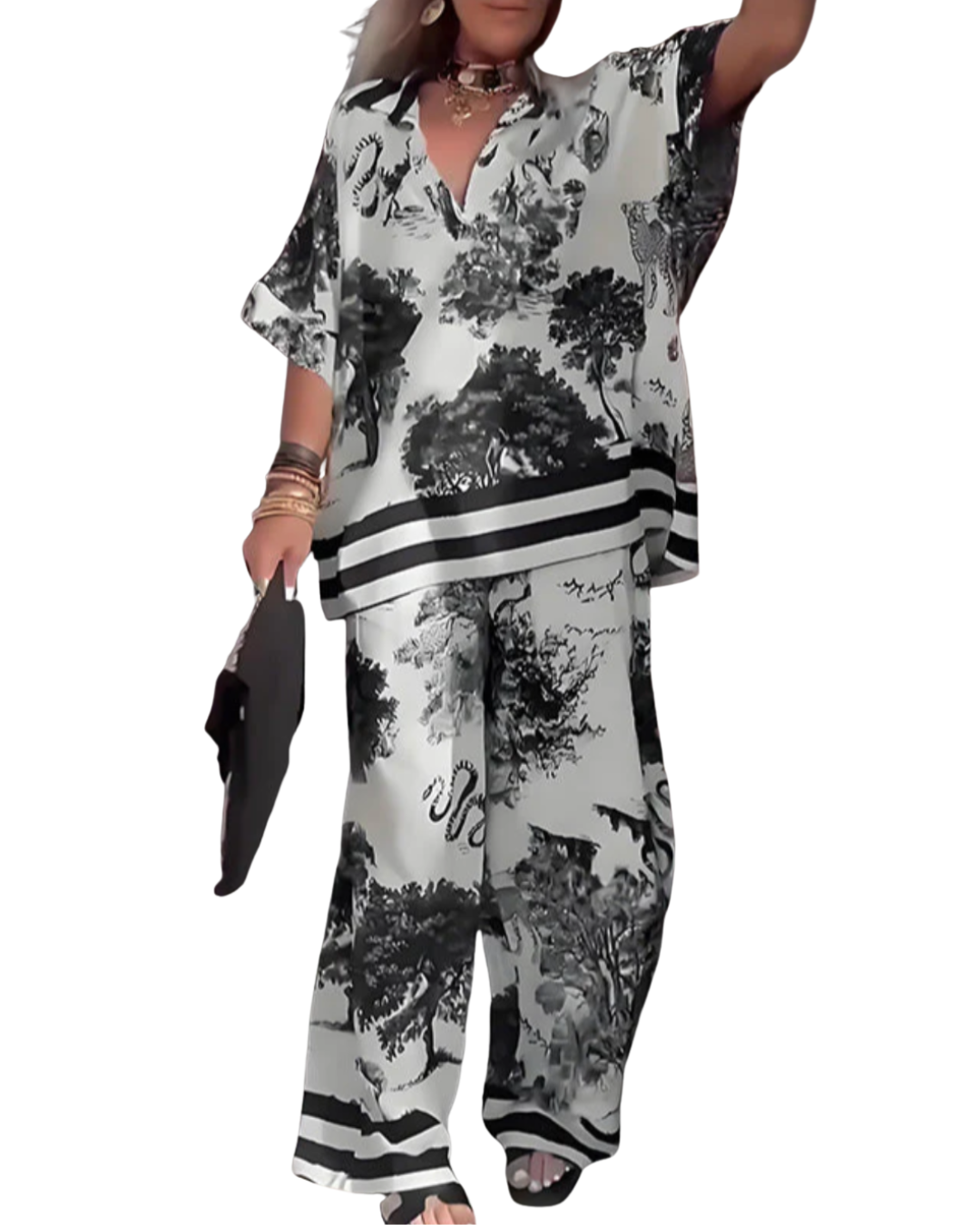 Jennifer | Printed Top with V-Neck + Long Pants