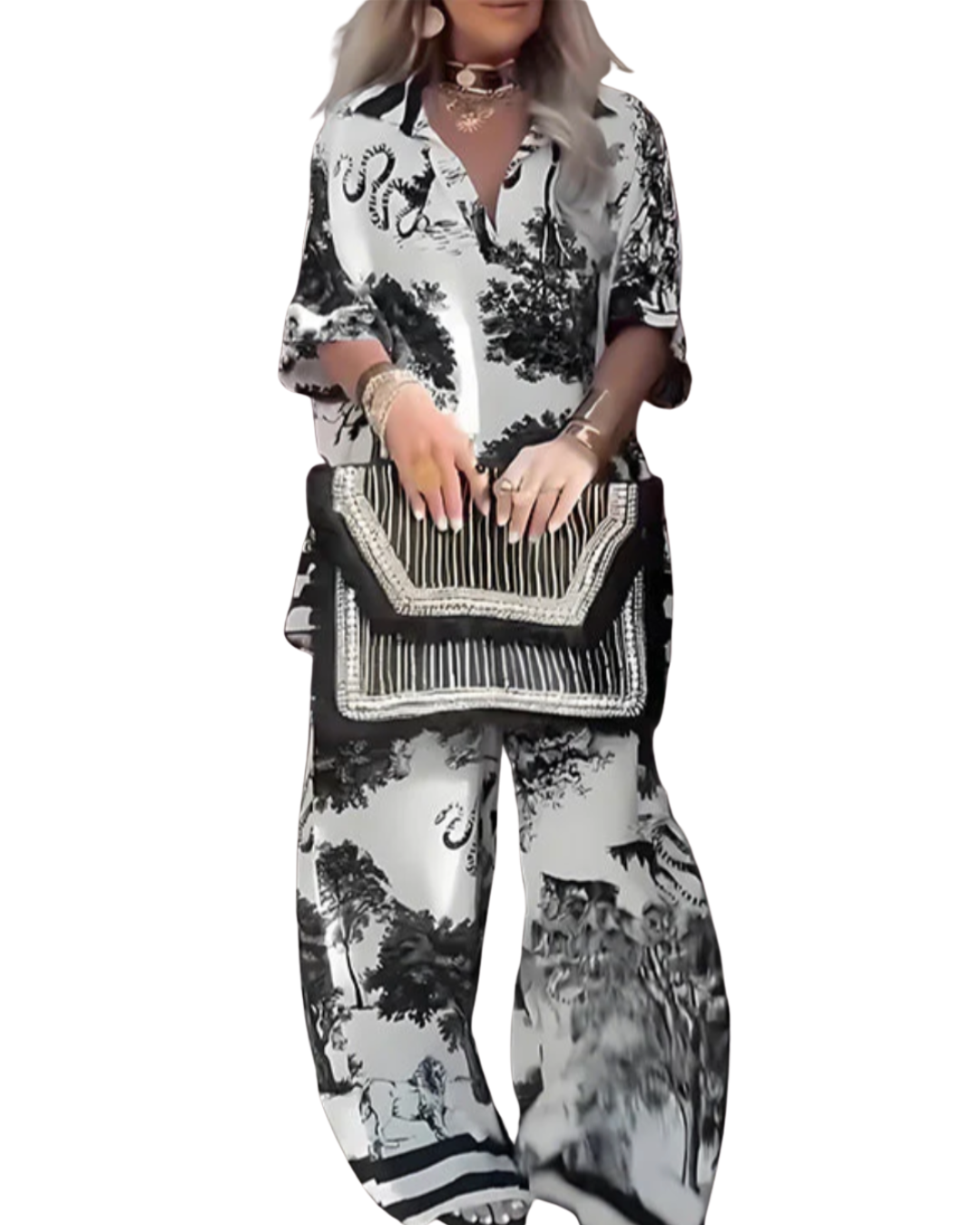 Jennifer | Printed Top with V-Neck + Long Pants