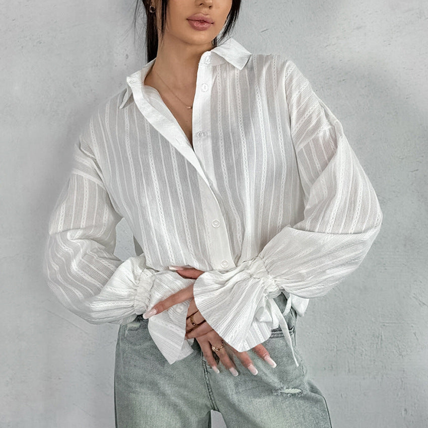 Emma | Striped Blouse with Button Front and Tie Cuffs