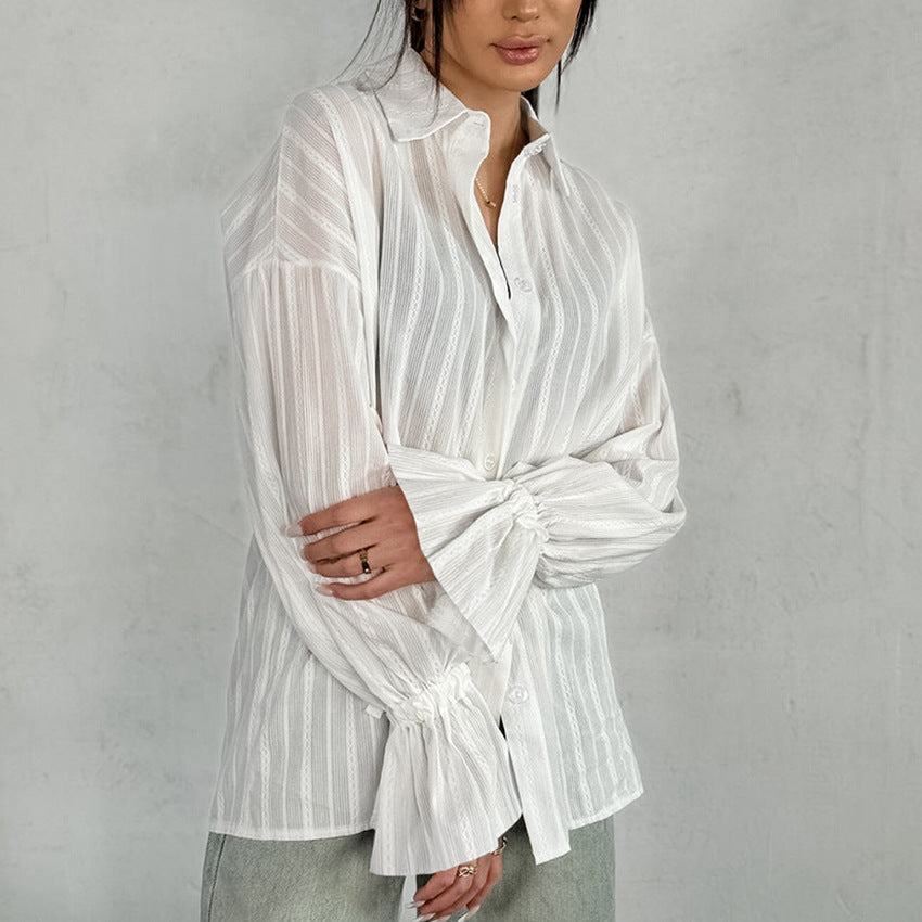 Emma | Striped Blouse with Button Front and Tie Cuffs