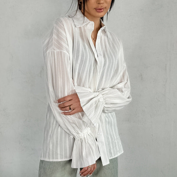 Emma | Striped Blouse with Button Front and Tie Cuffs