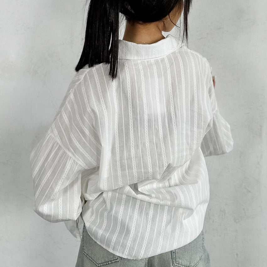 Emma | Striped Blouse with Button Front and Tie Cuffs