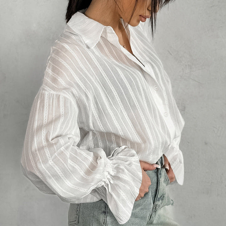 Emma | Striped Blouse with Button Front and Tie Cuffs